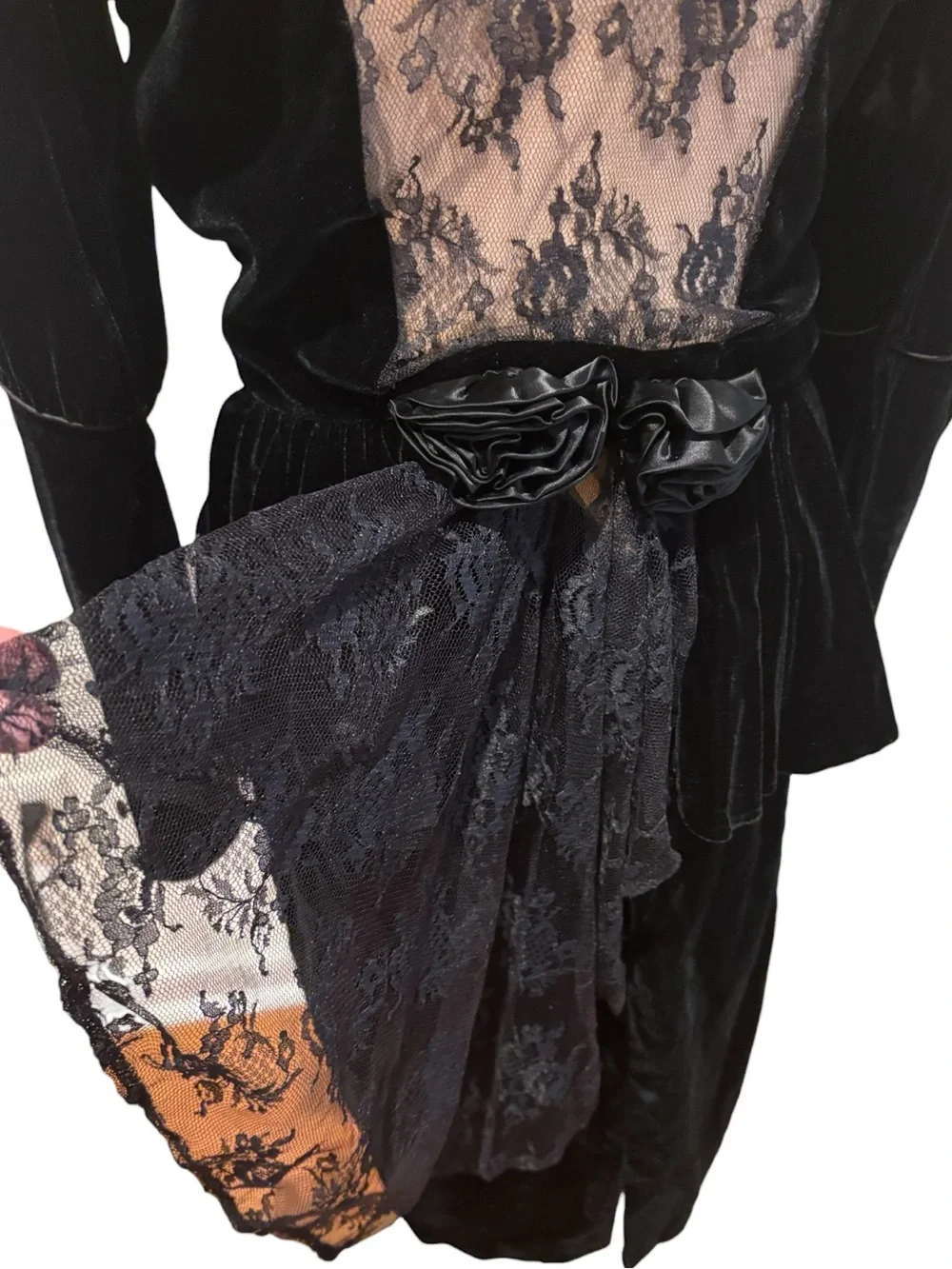 80s 2PC GOTH BLACK VELVET FITTED PEPLUM JACKET W LACE BACK INSERT & PENCIL SKIRT